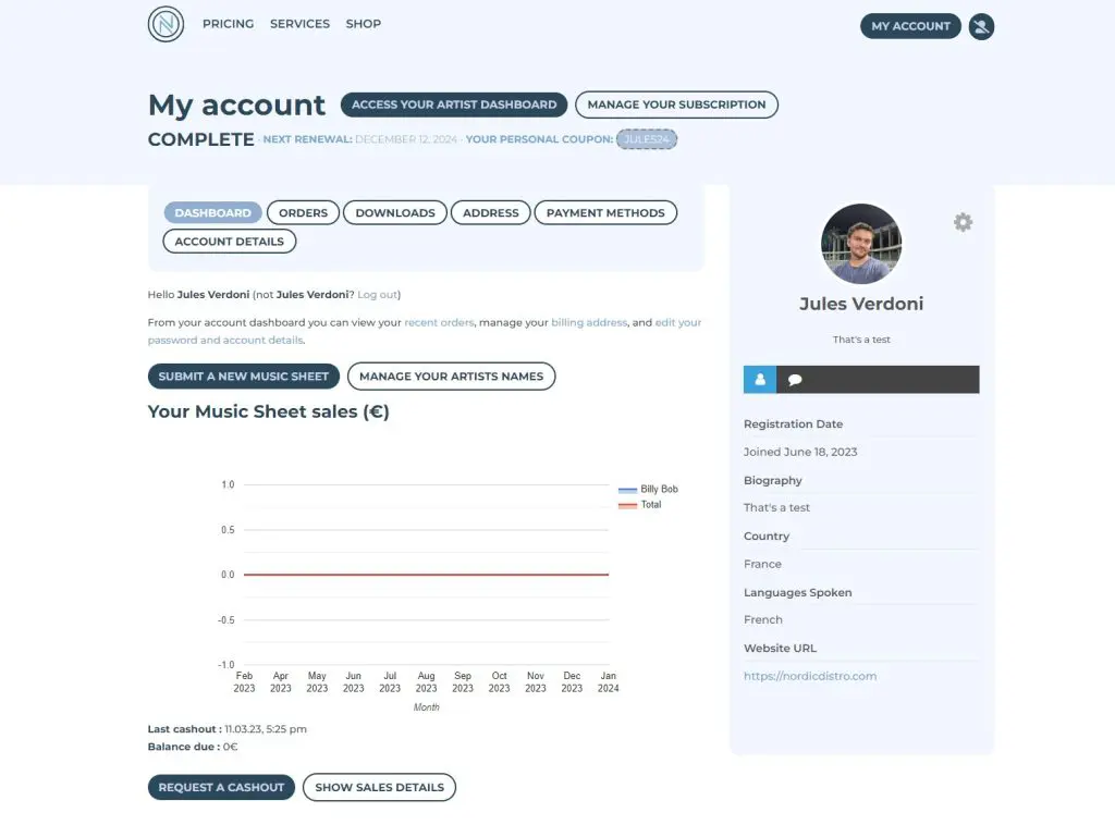 Espace "Mon compte" de Nordic Distro